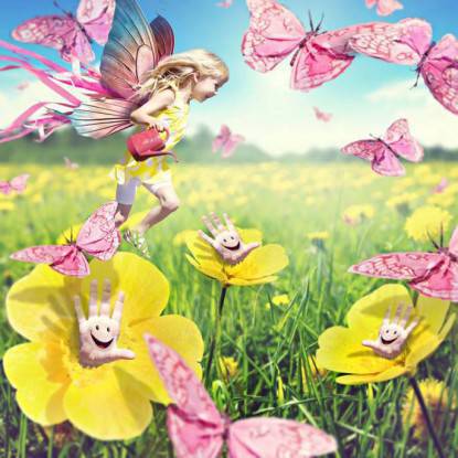 bimba farfalla tra i fiori