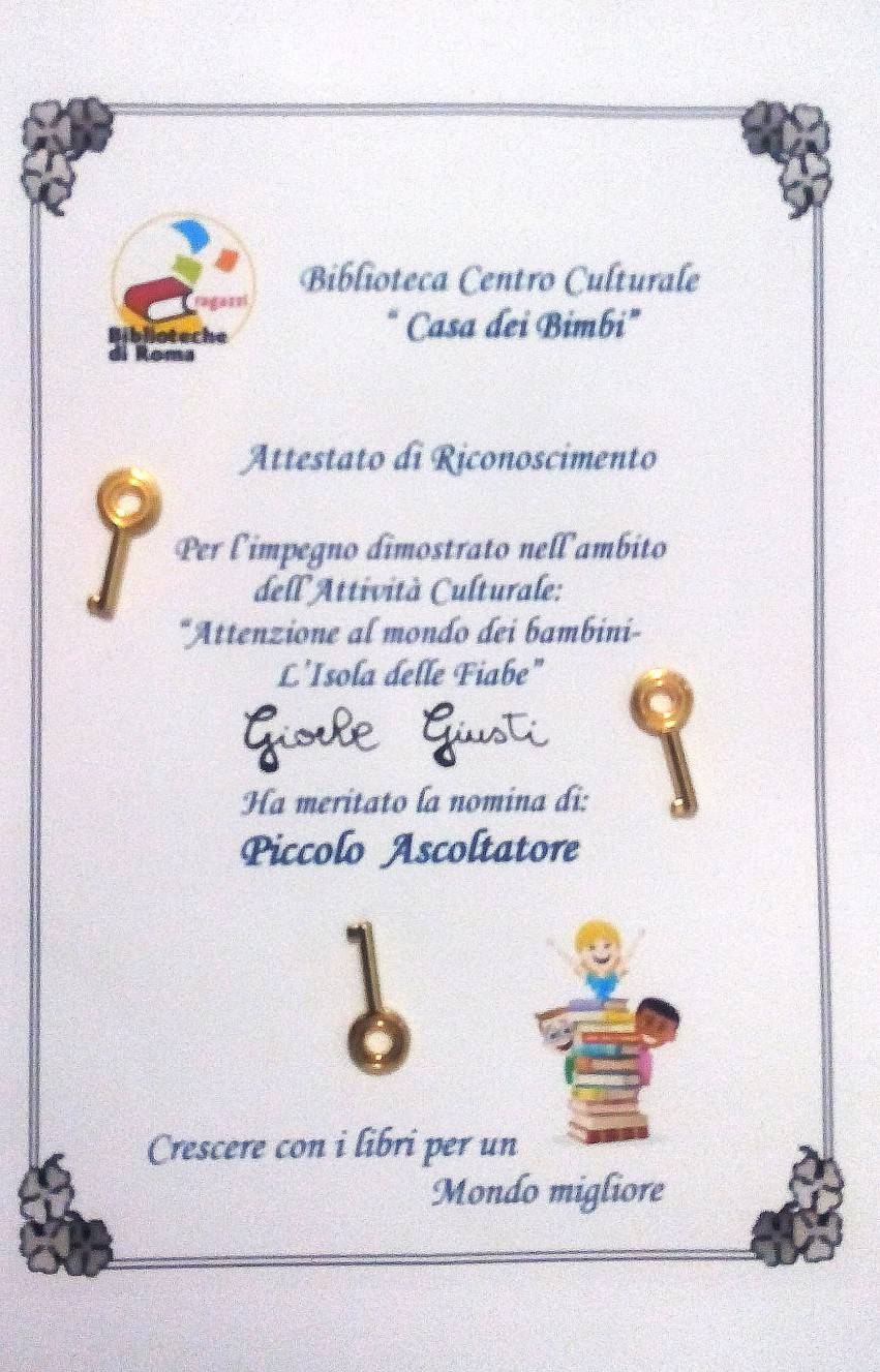 attestato per la partecipazione all'attività culturale"Attenzione al mondo dei bambini-L'Isola delle Fiabe"