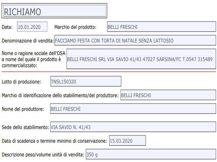 Richiamo prodotto senza glutine