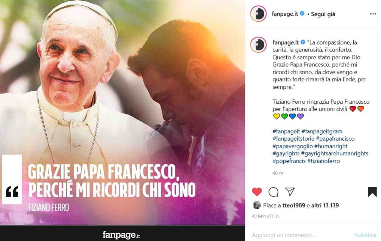 La reazione di Tiziano Ferro (fonte Instagram @fanpage.it)