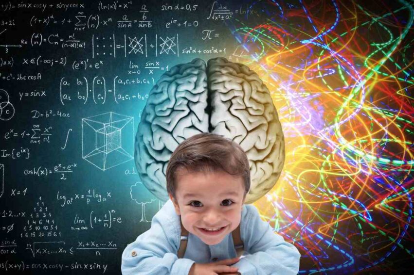 bambino con lo sfondo di un cervello e dei processi sinaptici