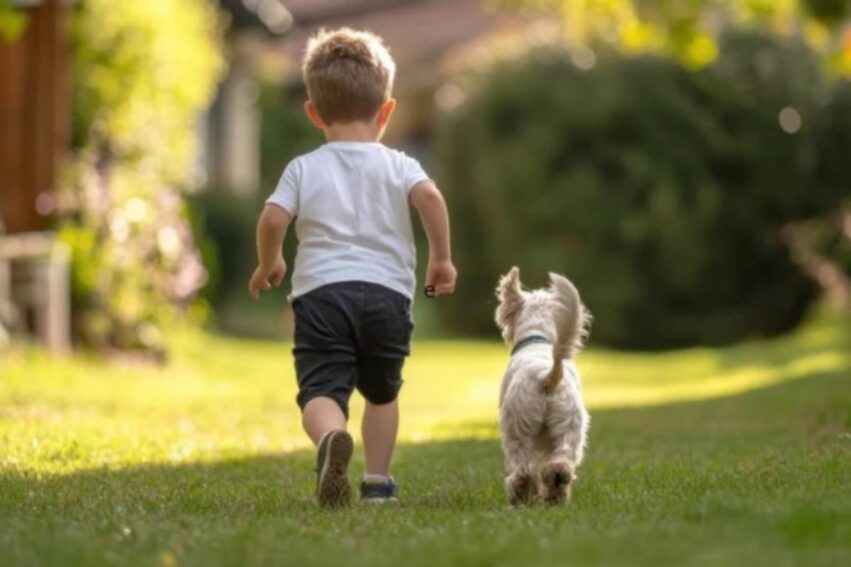Bambino corre con il cane