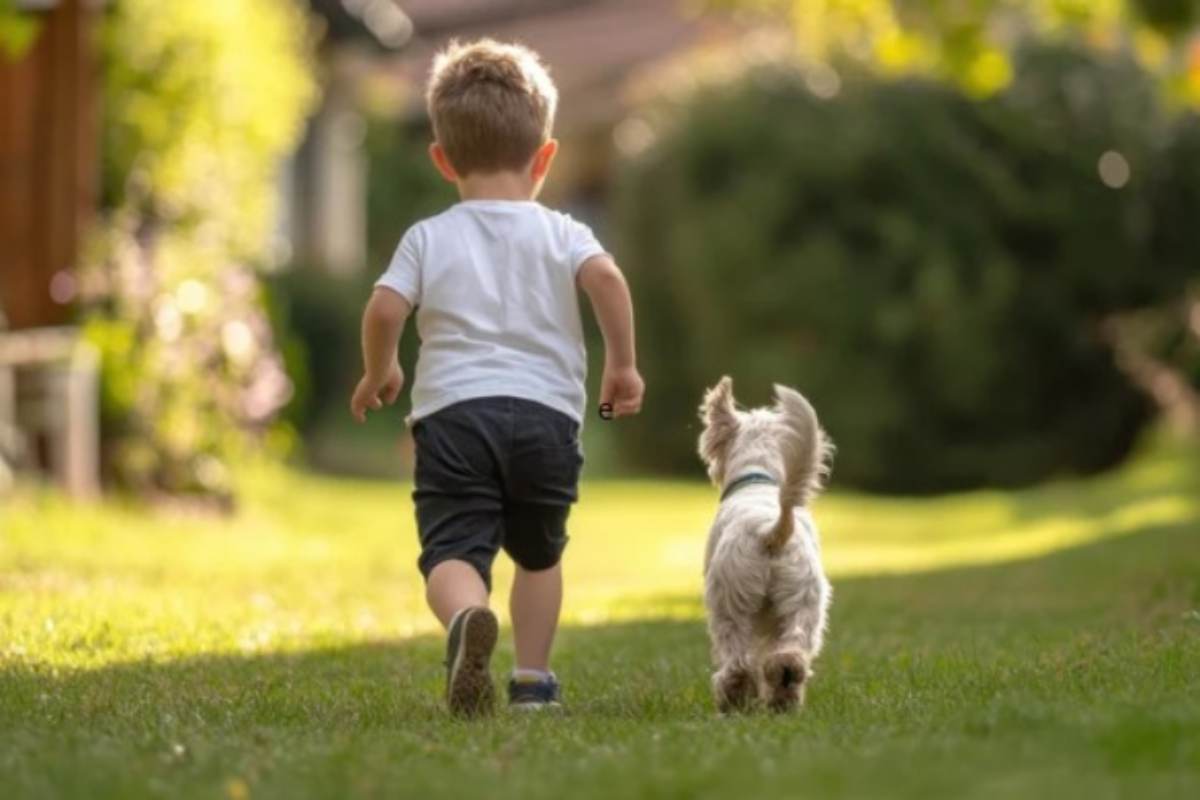 Bambino corre con il cane