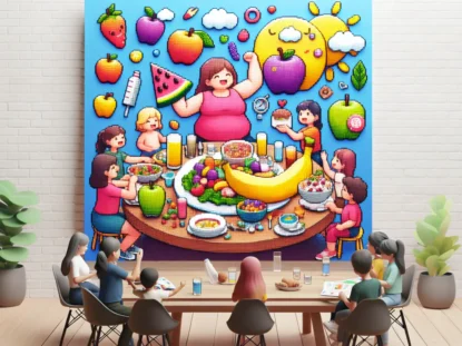 raffigurazione di persona che parla con bambini sull'alimentazione