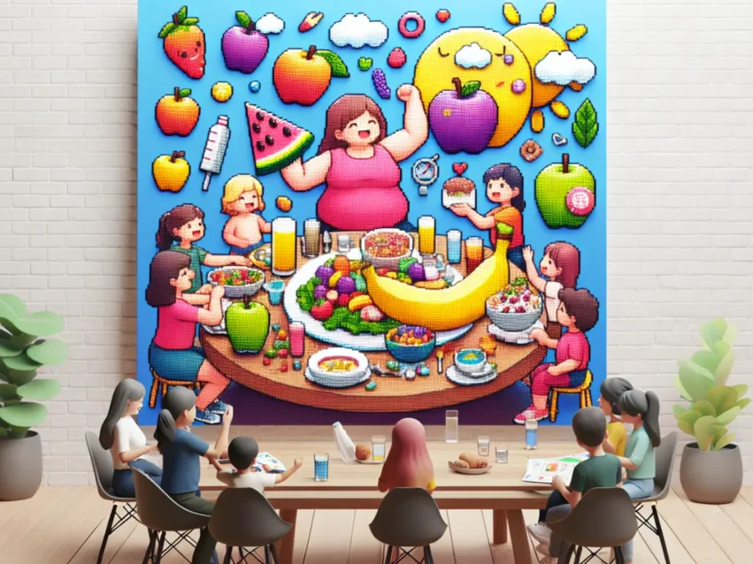 raffigurazione di persona che parla con bambini sull'alimentazione